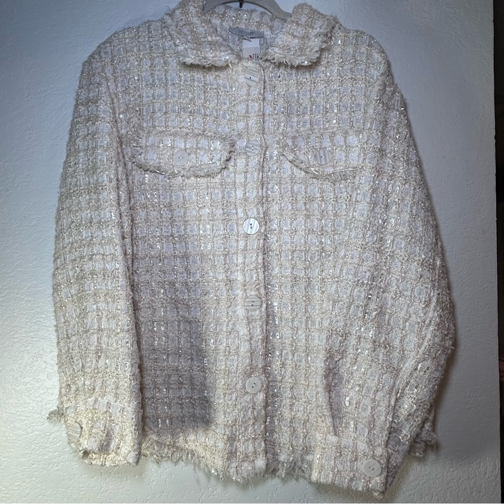 Veveret White Fringe Raw Hem Jacket Size Medium Button Up Cream Square Blazer